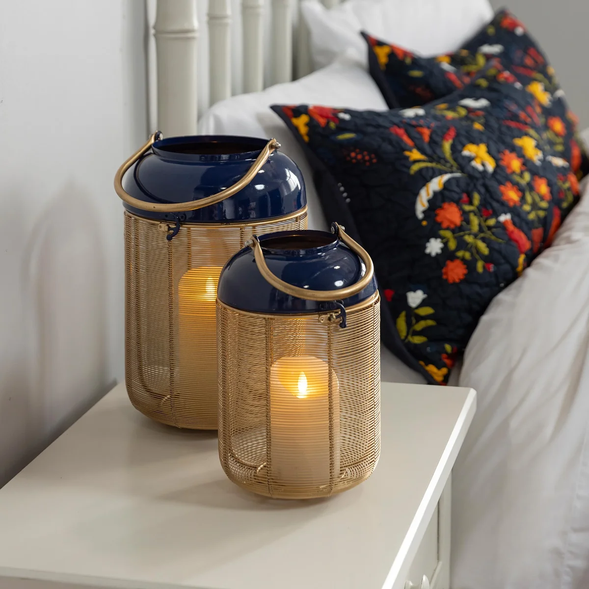 Blue and Gold Metal Lanterns, Set of 2 - Image 2